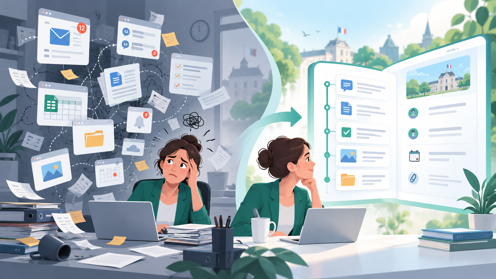 Une agente face à des messages et documents dispersés, puis dans un espace de projet réunissant les échanges, les tâches et les documents.