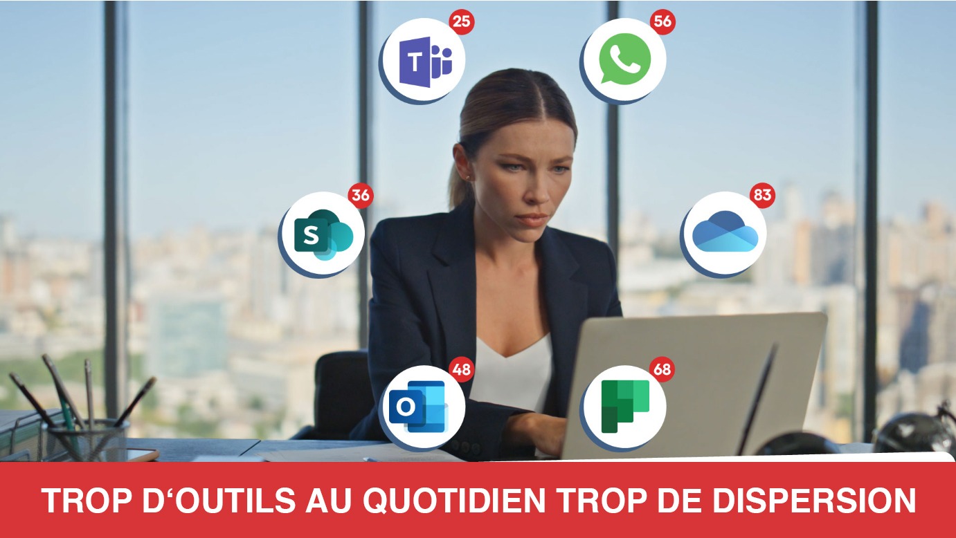 Une agente devant son ordinateur, entourée de nombreuses notifications provenant de Teams, WhatsApp, SharePoint, OneDrive, Outlook et Planner.