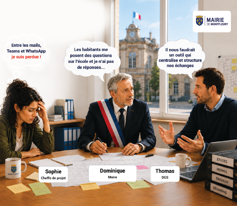 Réunion en mairie avec les échanges dispersés entre mails, Teams et WhatsApp