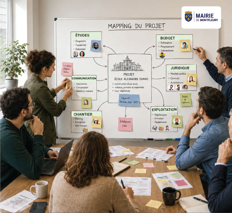 Réunion mapping du projet autour d'un tableau blanc