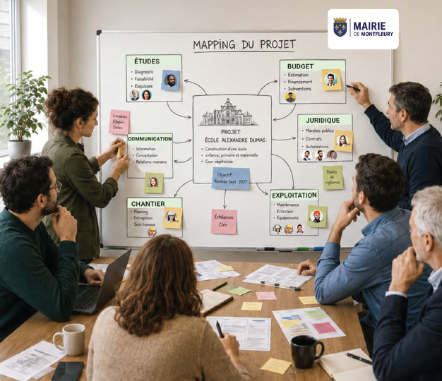 Réunion de mapping du projet autour d'un tableau blanc.