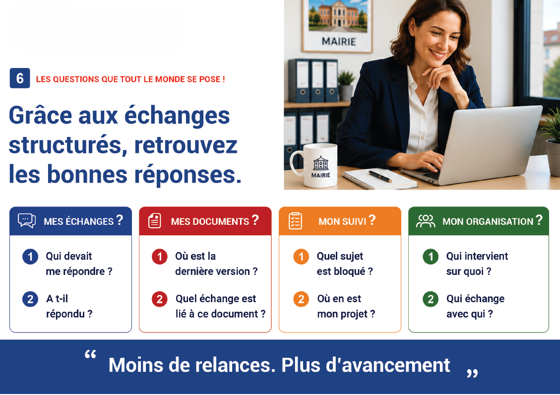 Agent de mairie retrouvant ses réponses depuis son ordinateur.