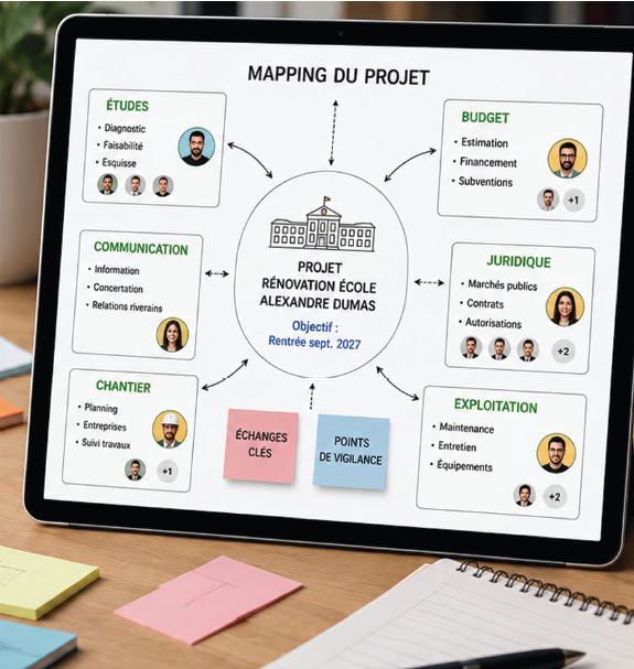 Vision globale du projet affichée sur un écran avec les responsabilités par sujet.