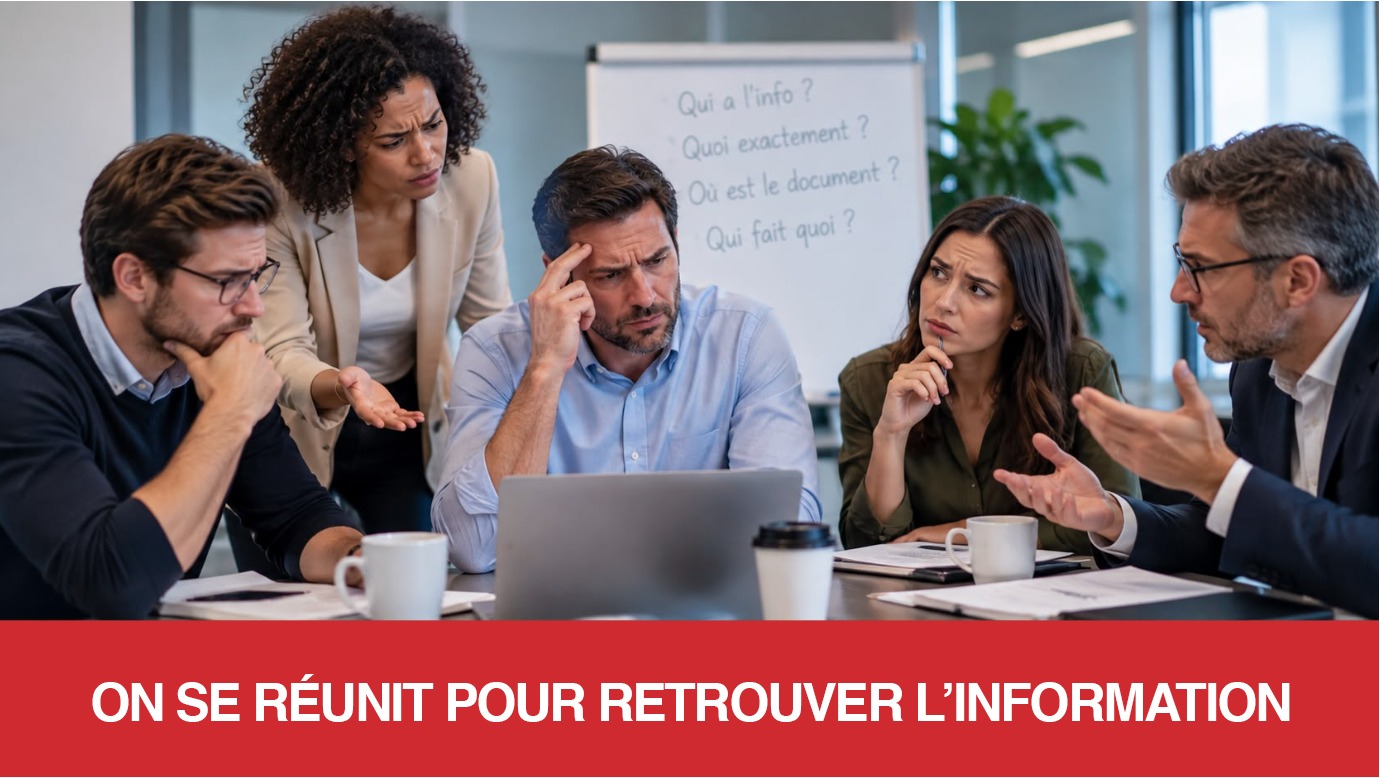 Une équipe réunie autour d’un ordinateur tente de reconstituer des informations dispersées.