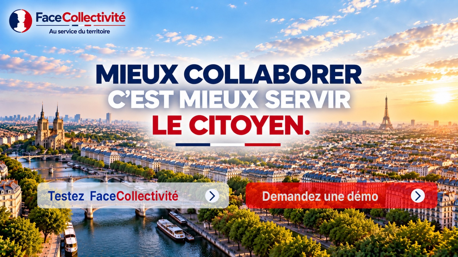 Vue de Paris au lever du soleil, représentant le service rendu aux citoyens par une meilleure collaboration.