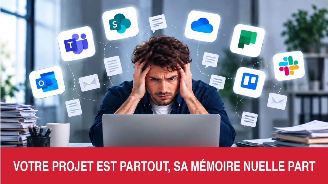 Un agent débordé devant son ordinateur, entouré de nombreux outils de messagerie, de documents et de gestion de tâches.