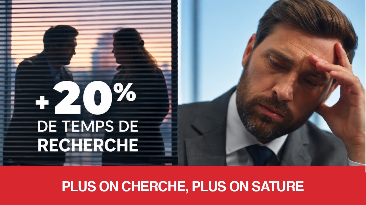 Un agent préoccupé face à la surcharge d’information, avec l’indication de vingt pour cent de temps de recherche supplémentaire.