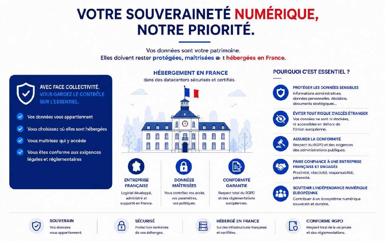 Engagements de Face Collectivité pour la souveraineté numérique, l’hébergement en France, la maîtrise des données et la conformité au RGPD.