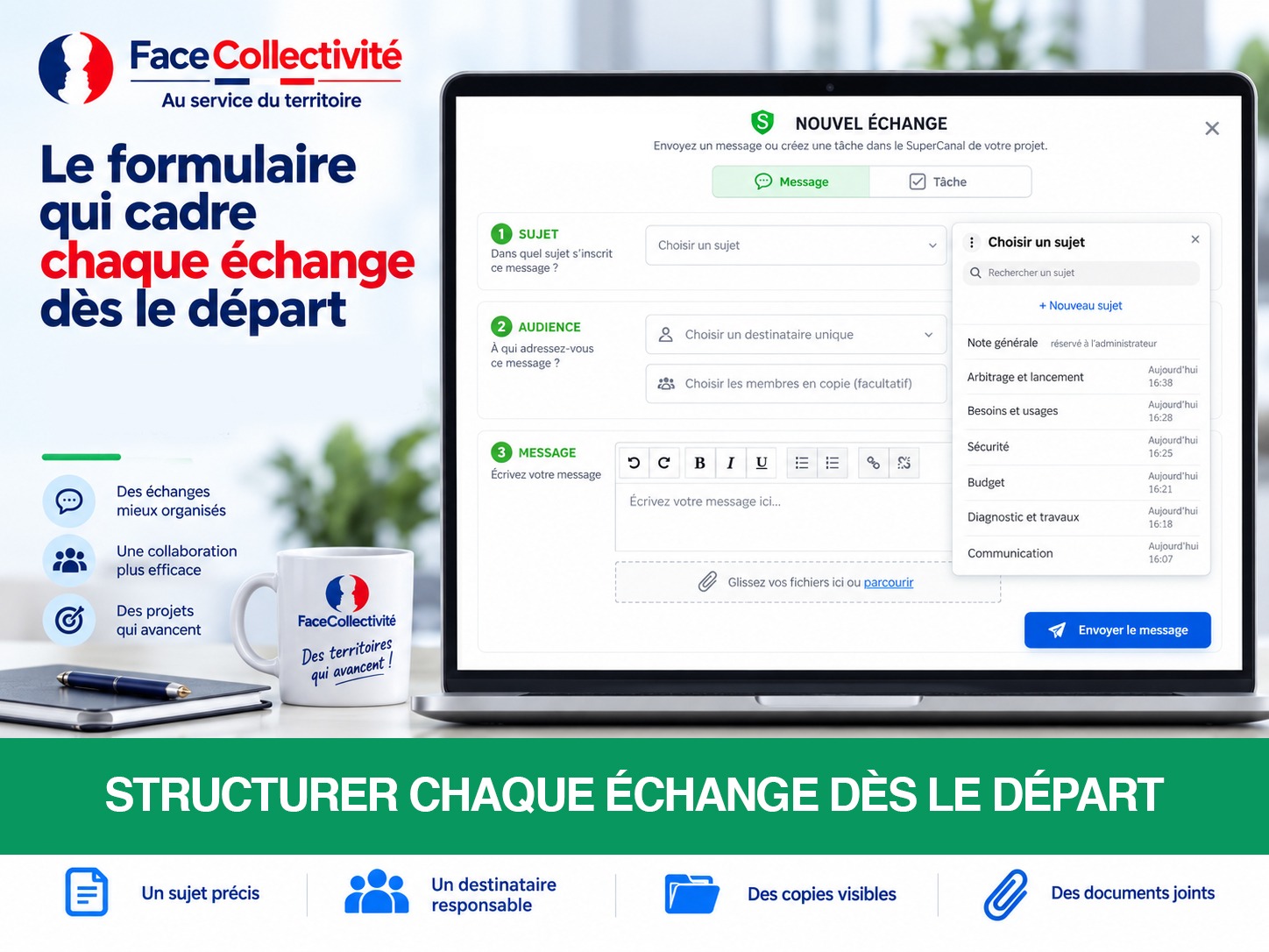 Le formulaire qui cadre chaque échange dès le départ : choisissez le sujet, un destinataire responsable et les membres en copie, puis rédigez le message ou la tâche avec ses documents joints dans le SuperCanal.